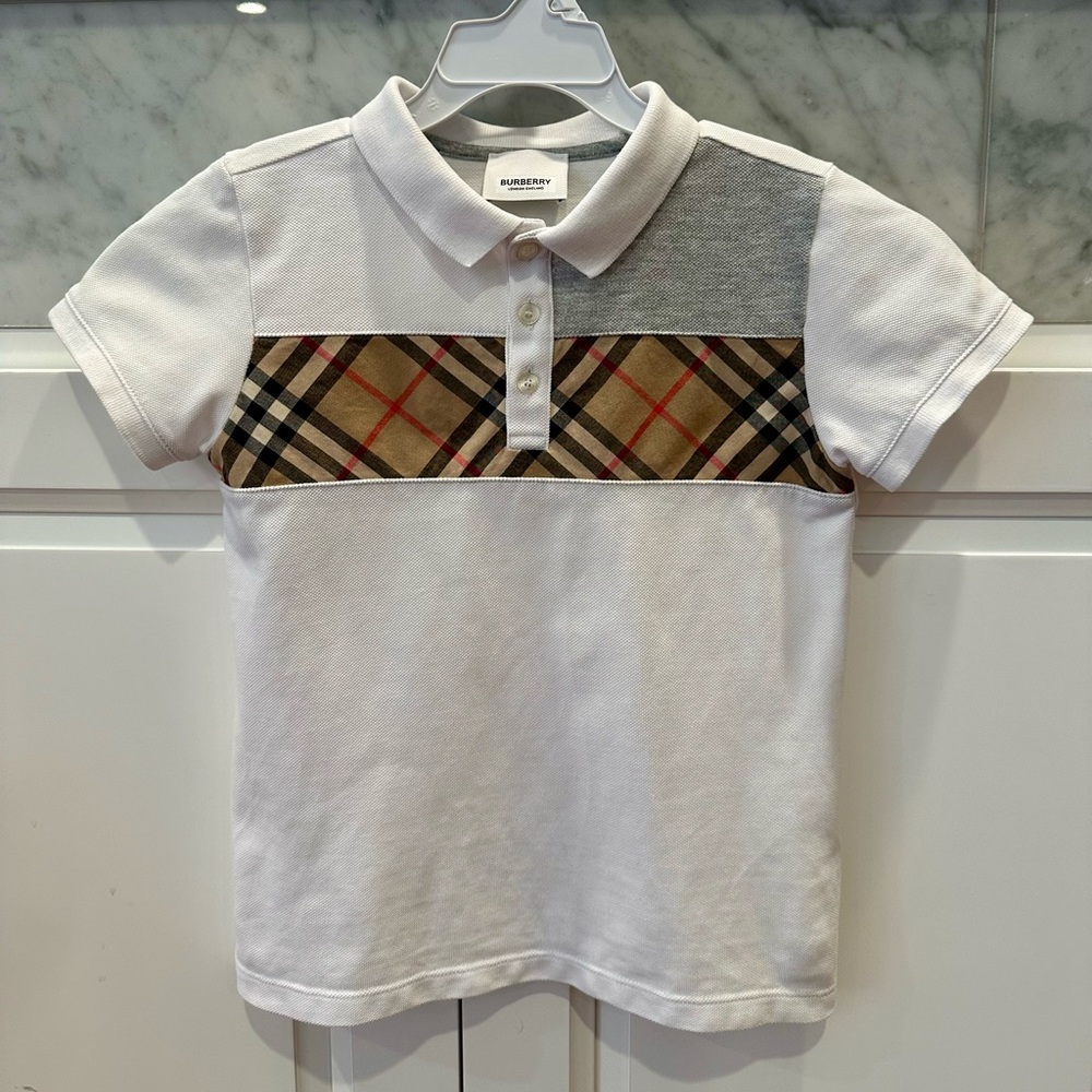 Burberry Kids White Polo Shirt with Check Pattern